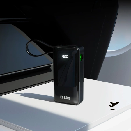 Powerbank SBS 10000 mAh 20W with built-in USB-C cable and digital display - black
