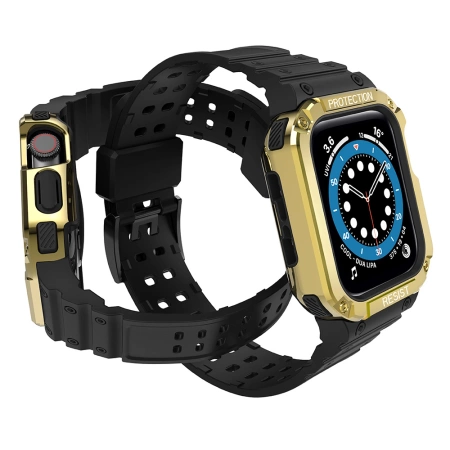 Protect Strap Band für Apple Watch 42/44/45mm Panzergehäuse Armband - Schwarz, Gold