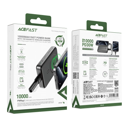 Acefast M10 magnetische Powerbank 2x USB-C PD 30W mit 15W induktivem Laden und USB-C-Kabel - Schwarz