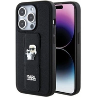 Karl Lagerfeld Gripstand Saffiano Karl&amp;Choupette Pins Hülle für iPhone 15 Pro Max – Schwarz