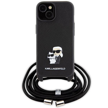 Karl Lagerfeld Crossbody Saffiano Metal Pin Karl &amp; Choupette Hülle für iPhone 15 Plus – Schwarz