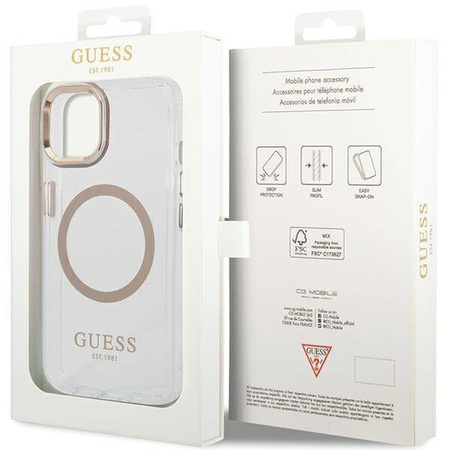 Oryginalne Etui IPHONE 14 PLUS / 15 PLUS Guess Hard Case Metal Outline Magsafe złote
