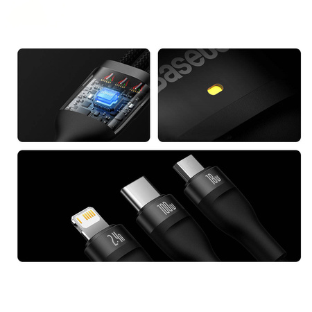 Baseus Flash Series Ⅱ One-for-three Fast Charging Data Cable USB to M+L+C 100W 1.2m Black