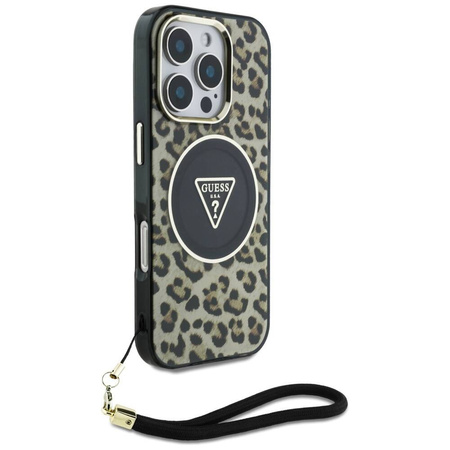 Oryginalne Etui IPHONE 16 PRO Guess HC IML Leopard Triangle Cord Strap brązowe