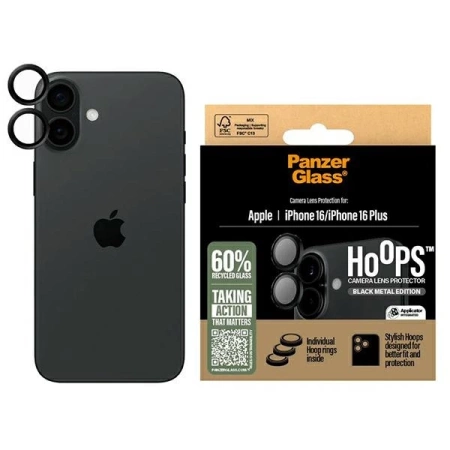 Szkło hartowane PanzerGlass Hoops Black Lens Protector na aparat do iPhone 16 / 16 Plus