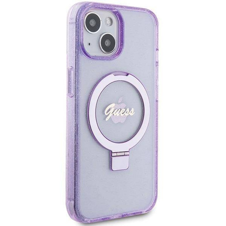 Guess Ring Stand Script Glitter MagSafe Hülle für iPhone 15 Plus / 14 Plus – Lila