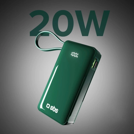 Powerbank SBS 10000 mAh 20W mit integriertem USB-C-Kabel und Digitalanzeige - grün