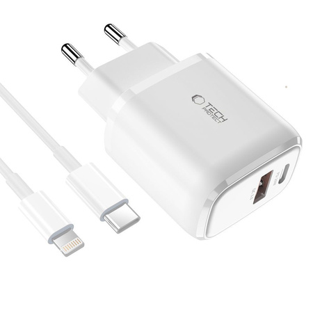 Ładowarka Sieciowa 20W USB-C PD + USB QC3.0 + Kabel 1m USB-C - Lightning Tech-Protect C65W biała