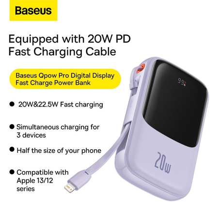 Baseus Qpow power bank 10000mAh wbudowany kabel Lightning 20W Quick Charge SCP AFC FCP fioletowy (PPQD020005)