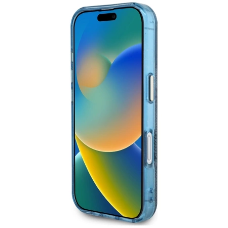 Guess IML Metal Glitter 4G Circle Triangle MagSafe Case für iPhone 16 - Blau