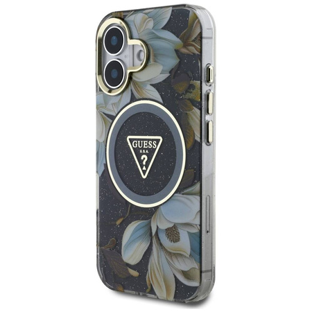 Case IPHONE 16 Guess Glitter Flowers Triangle Buttons MagSafe black