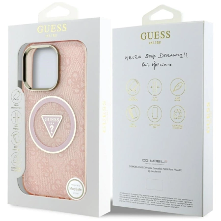 Guess IML Metal Glitter 4G Circle Triangle MagSafe Case für iPhone 16 Pro - Rosa