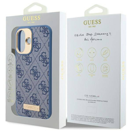 Oryginalne Etui IPHONE 16 PLUS Guess Hardcase 4G Logo Plate MagSafe (GUHMP16MU4GPRB) niebieskie