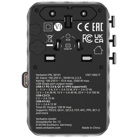 Verbatim Adapter podróżny EU/UK/US GaN   2xUSB-C/2xUSB-A/1xUSB-C PD 100W czarny 30191