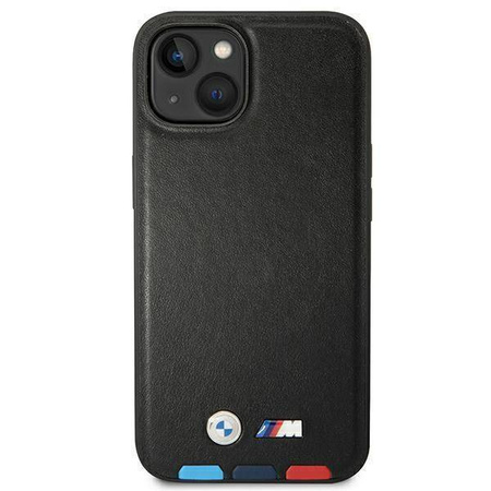 Original Handyhülle IPHONE 14 PLUS BMW Leather Stamp Tricolor MagSafe (BMHMP14M22PTDK) schwarz