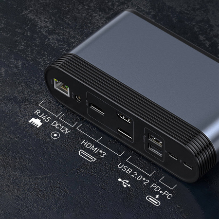 Baseus wielofunkcyjny HUB 3x USB 3.2 Gen 1 / 2x USB Typ C / czytnik kart SD i micro SD / AUX / 2x DisplayPort / 2x HDMI / RJ45 1Gbps Power Delivery 100W (wtyczki EU / CN / UK) szary (CAHUB-DG0G)