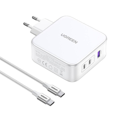 Ładowarka sieciowa GaN Ugreen Nexode CD289 USB-A/2xUSB-C 140W + kabel USB-C - USB-C 1.5m - biała