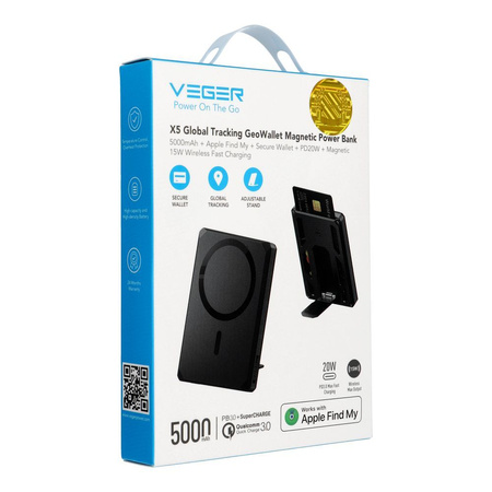 VEGER powerbank 5000 mAh MFi PD 20W Wallet Tracker W0582 czarny