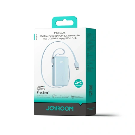 Powerbank Joyroom JR-PR2L 10000mAh 35W z wbudowanym zwijanym kablem USB-C i kablem-smyczą Lightning - niebieski