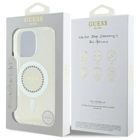 Guess IML Rhinestones MagSafe Case for iPhone 16 Pro - White