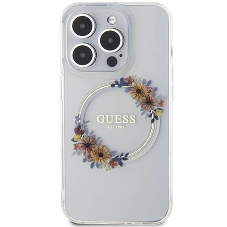 Oryginalne Etui GUESS IML Flowers Wreatch Magsafe GUHMP15LHFWFCT do Iphone 15 Pro przezroczysty