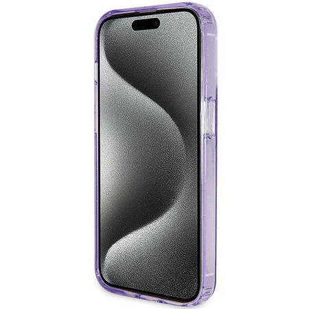 Guess Ring Stand Script Glitter MagSafe Hülle für iPhone 15 Pro – Lila