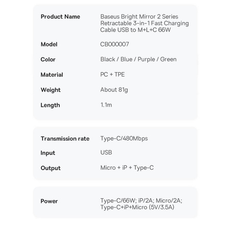 Baseus Bright Mirror 2 retractable cable 3in1 USB Type A - micro USB + Lightning + USB Type C 66W 1.1m green (CAMJ010106)