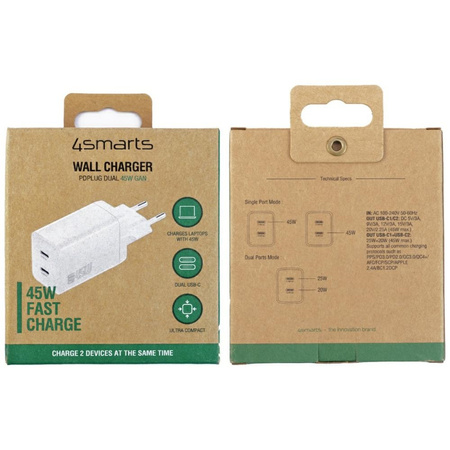 Ładowarka sieciowa 4smarts PDPlug Dual   45W GaN 2xUSB-C biała
