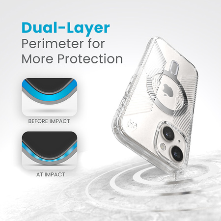 Speck Presidio Perfect-Clear Grip ClickLock & MagSafe - Etui iPhone 16e / iPhone 15 / iPhone 14 / iPhone 13 (Clear / Chrome Finish / Serene Silver)