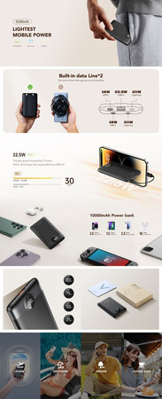 Bateria zewnętrzna (Powerbank) VEGER C11 BEST - 10 000mAh LCD z kablem Typ C + Apple Lightning 8-pin QC3.0 PD 22,5W (W1170)
