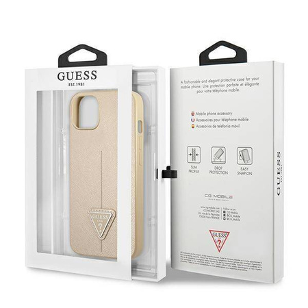 Oryginalne Etui IPHONE 14 Guess Hardcase Saffianotriangle Logo (GUHCP14SPSATLE) beżowe