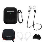 Silicone Case Set for AirPods 2 / AirPods 1 + Case / Ear Hook / Neck Strap / Watch Strap Holder / Carabiner - black