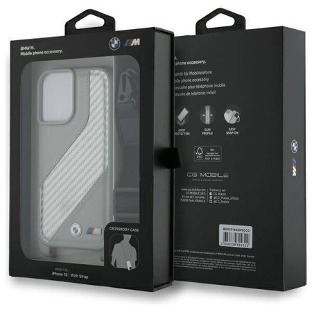 Original Handyhülle IPHONE 16 BMW Hardcase M Edition Carbon Stripe & Strap (BMHCP16S23PSCCG) grau