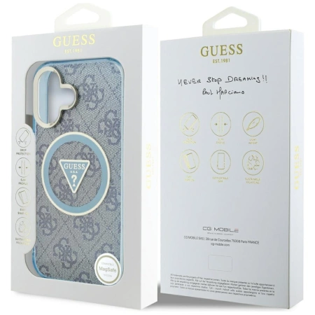 Guess IML Metal Glitter 4G Circle Triangle MagSafe Case für iPhone 16 - Blau