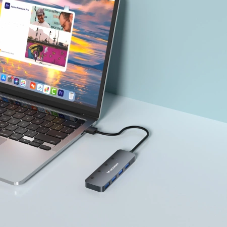 USB-A Hub Wozinsky WHS080YSS 4 x USB-A 3.0 mit einzelnen Schaltern, Aluminium, mit 30 cm Kabel - grau