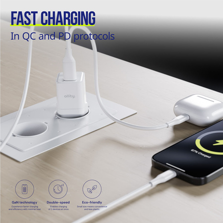 Allity ładowarka sieciowa GaN PD QC ATC-01-20WAC 1x USB-C 1x USB-A 20W biała