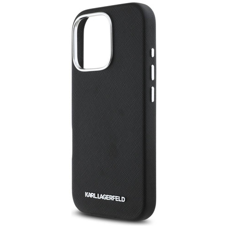 Original Case IPHONE 16 PRO Karl Lagerfeld Saffiano Full Wrapped Elongated Metal Logo MagSafe black