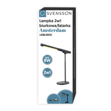 Svensson Lampka biurkowa/latarka 2w1 AMSTERDAM magnetyczna odpinana 8W czarna