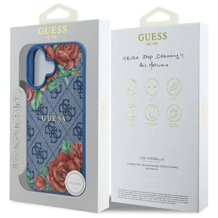 Oryginalne Etui IPHONE 16 Guess Hardcase 4G Flowers Print MagSafe (GUHMP16SP4ROPEMCB) niebieskie