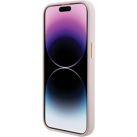 Guess Silikon Script Metal Logo & Frame Hülle für iPhone 15 – Rosa