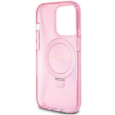 Guess Ring Stand Script Glitter MagSafe-Hülle für iPhone 15 Pro – Rosa