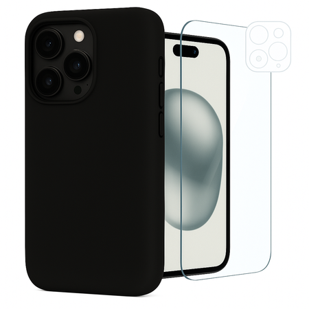 Etui do iPhone 15 Pro czarne + Szkło na ekran + Szkło na aparat