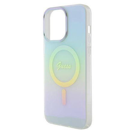 Oryginalne Etui APPLE IPHONE 15 PRO MAX Guess Hardcase IML Iridescent MagSafe (GUHMP15XHITSQ) turkusowe