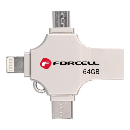 Pendrive 64GB USB 3.2 Gen 1 (USB A / USB C / Lightning / Micro USB) Forcell F-Data Metal Quad srebrny
