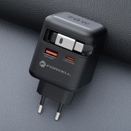 Ładowarka sieciowa do telefonu Forcell F-Energy GaN USB C + USB A + zwijany kabel USB C PD QC4.0 3A 70W VT-R7 szara