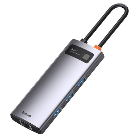 Baseus Metal Gleam 6w1 wielofunkcyjny hub USB Typ C - USB Typ C Power Delivery 100 W / HDMI 4K 30 Hz / 3x USB 3.2 Gen 1 / RJ45 1 Gbps Szary (CAHUB-CW0G)