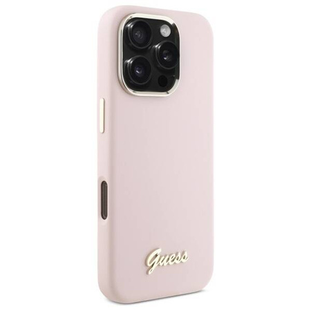 Original Case IPHONE 16 PRO Guess Hardcase Silicone Script Metal Logo & Frame (GUHCP16LSMBSLP) pink