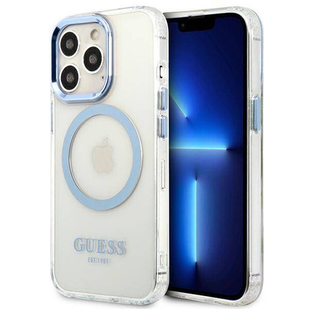 Original Handyhülle IPHONE 13 PRO Guess Hard Case Metal Outline Magsafe (GUHMP13LHTRMB) blau