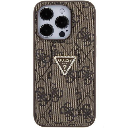 Etui Guess Grip Stand 4G Triangle Strass na iPhone 15 Pro Max - brązowe