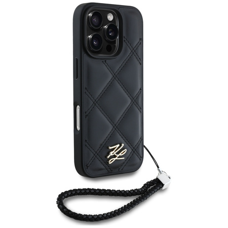 Original Handyhülle IPHONE 16 PRO MAX Karl Lagerfeld Quilted Initial Logo & Chain Strap schwarz